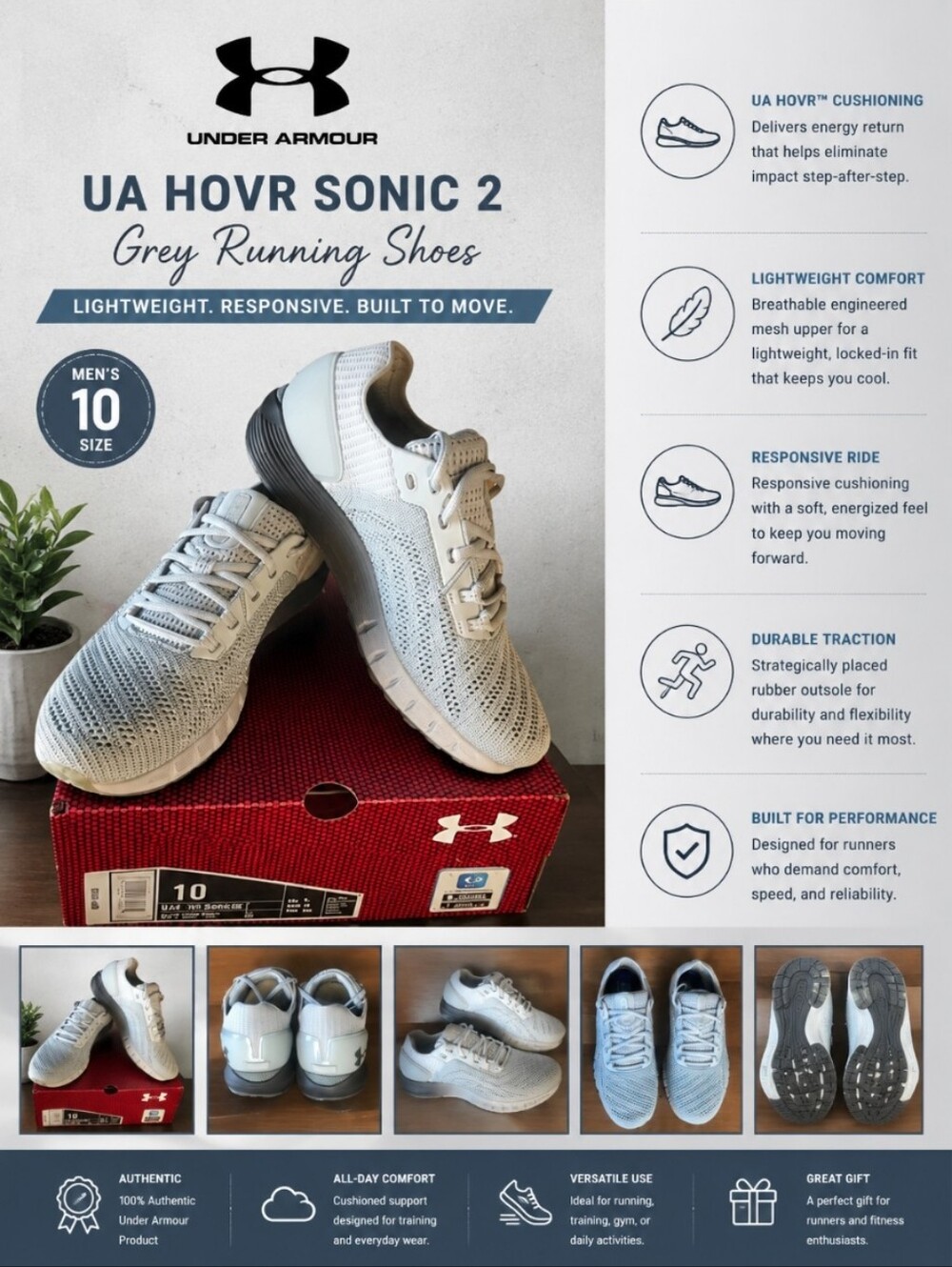 UNDER ARMOUR UA HOVR Sonic 2 Grey Running Shoe 10
